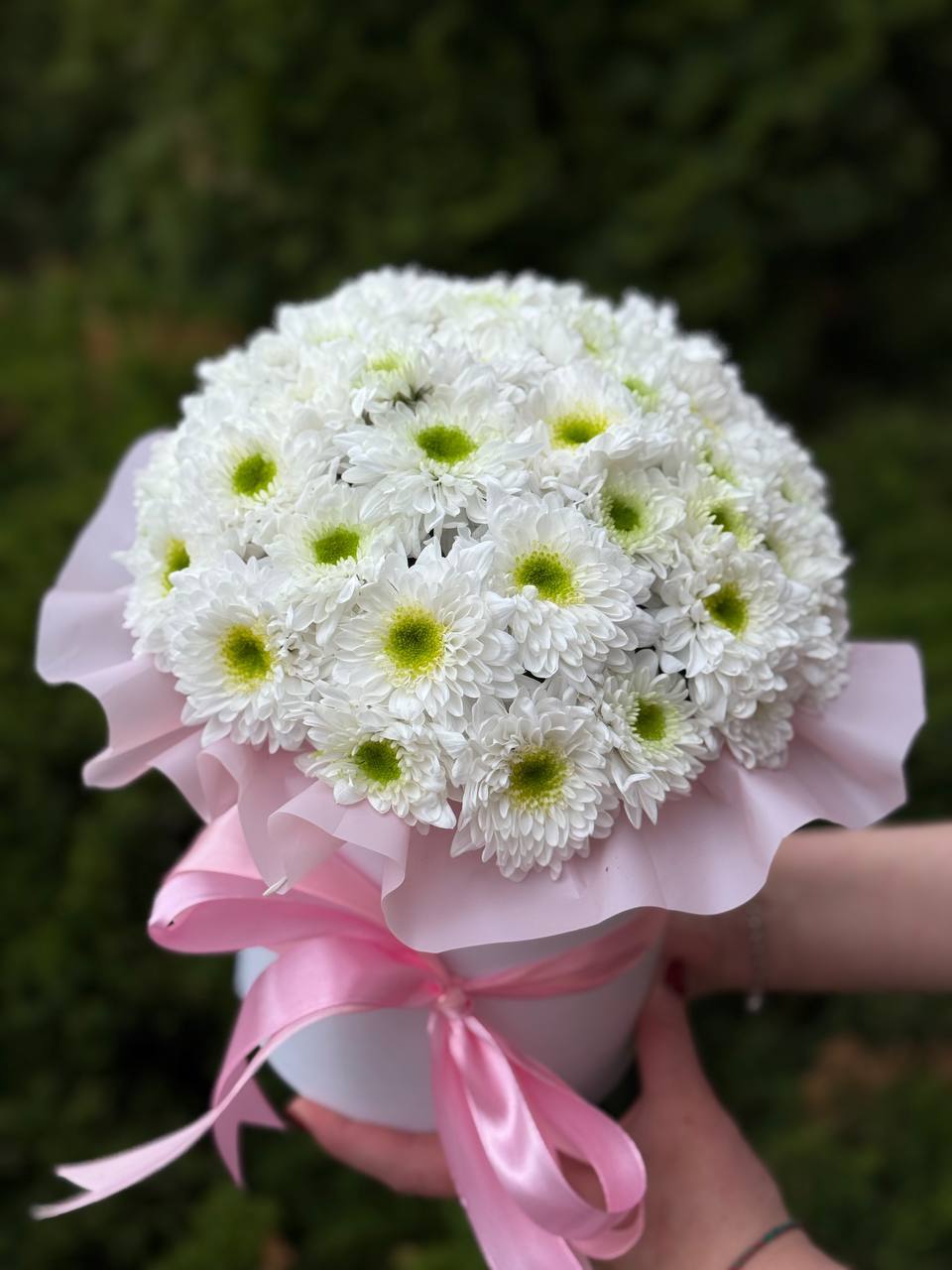 Zum Muttertag in der Hutbox S (Weiße Chrysanthemen)