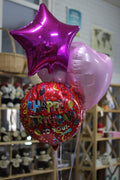 Set: 2 rosa Foliensterne, 2 rosa Folienherzen und 1 Folienballon Happy Birthday“