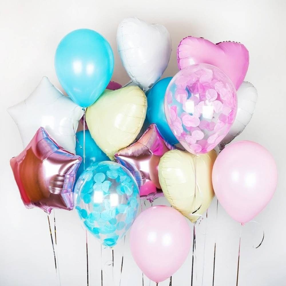 Set: Foliensterne (Weiß, Rosa, Gold) 3 Stk., Folienherzen (Weiß, Milchweiß, Rosa) 3 Stk., Konfetti (Hellblau und Rosa), Latexballons (Rosa, Hellblau) 6 Stk.