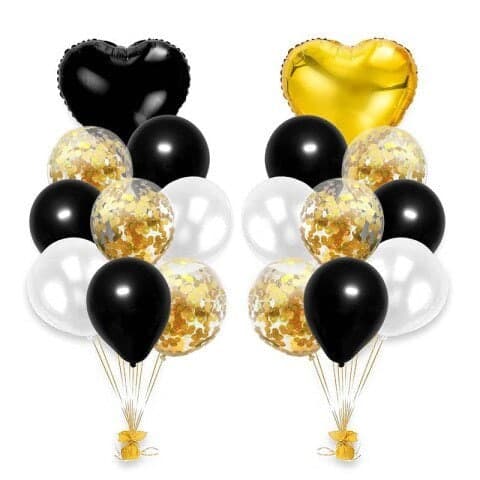 Set: "2 Ballon-Fontänen": Folienherzen 2 Stk. (Gold und Schwarz), Konfetti gold 6 Stk., Latexballons schwarz und weiß 10 Stk., 2 Ballongewichte