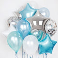 Folienballon Set Sterne Hellblau und Grau 5 Stk., 2 Konfetti Ballons mit grauen Kreisen, 6 klassische Ballons Weiß, Hellblau und Türkis mit Hi-Float