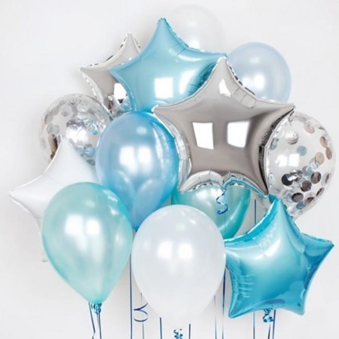 Folienballon Set Sterne Hellblau und Grau 5 Stk., 2 Konfetti Ballons mit grauen Kreisen, 6 klassische Ballons Weiß, Hellblau und Türkis mit Hi-Float
