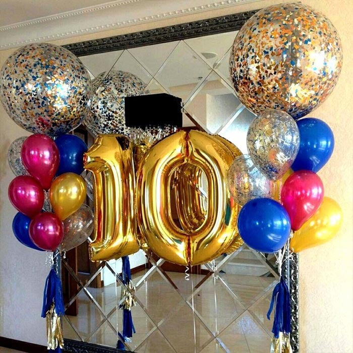 Folienballon Set Zahlen Gold (1 Meter) 2 Stk., Riesenballons mit Konfetti 2 Stk., klassische Ballons Gold, Blau und Rosa 12 Stk., Konfetti 4 Stk. Hi-float