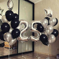 Folienballon Set Zahlen Silber (1 Meter) 2 Stk., klassische Ballons Schwarz und Grau 24 Stk., Foliensterne Silber 2 Stk. Hi-float